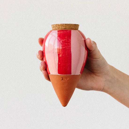 Olla d’arrosage en céramique - Rayures roses et rouges
